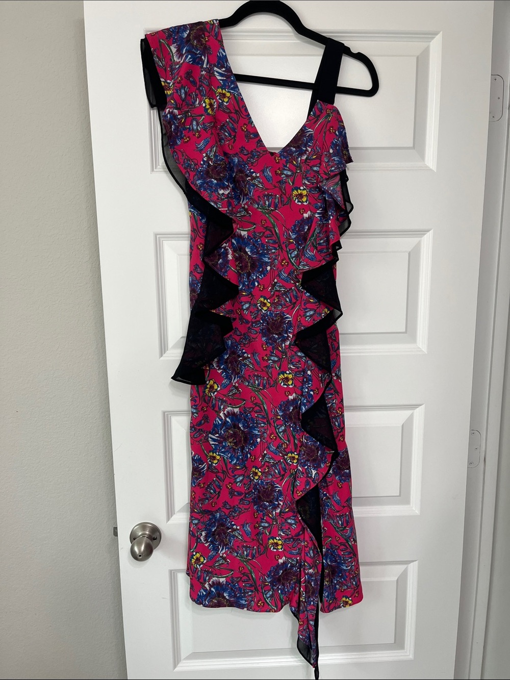 Prabal Gurung Fuchsia Floral Ruffle Midi Dress